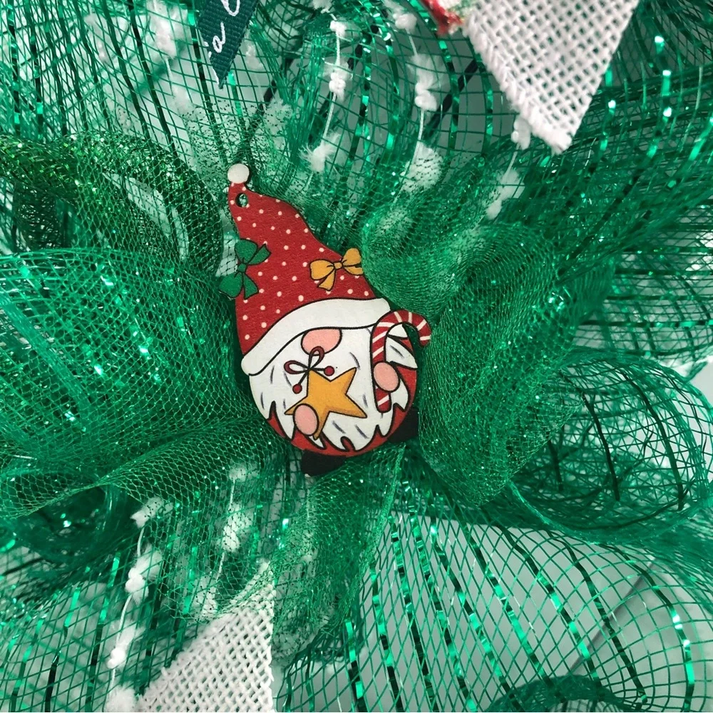 Handmade Gnome Deco Mesh Wreath Green White Winter Christmas Xmas Ribbon Glitter